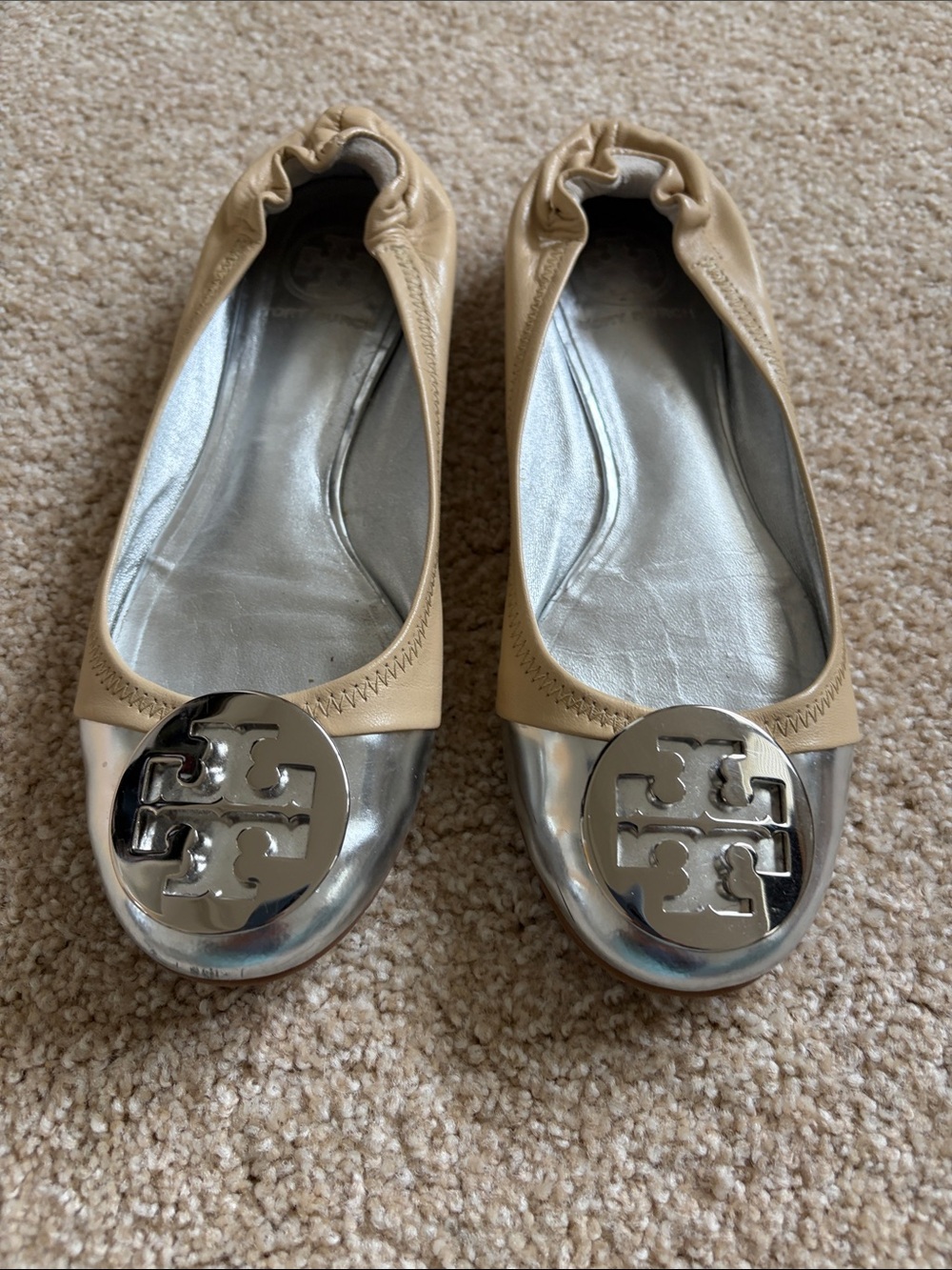 Tory Burch Beige Leather Flats with Silver Logo Cap
